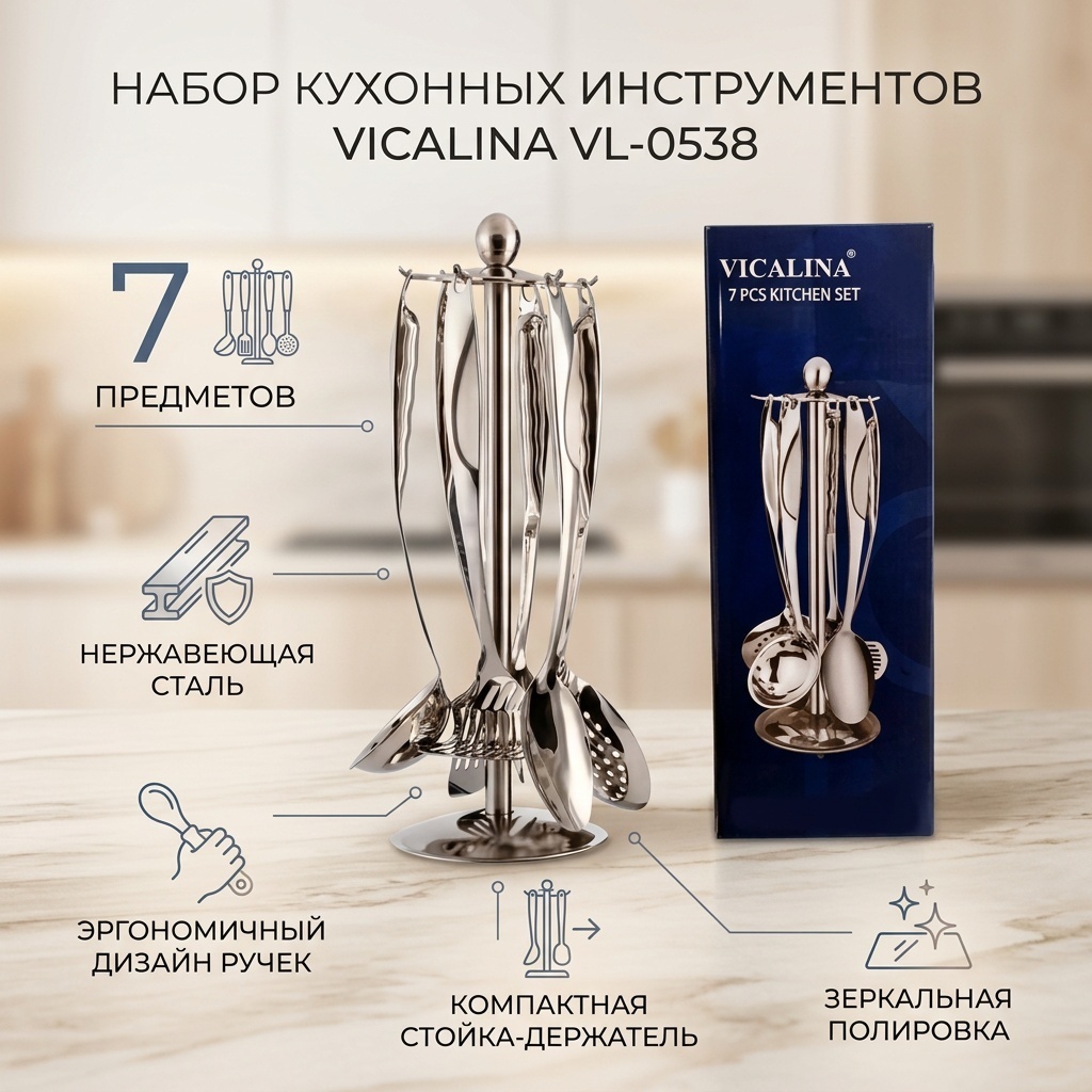 Набор кухонных инструментов нержавеющая сталь, 7 шт