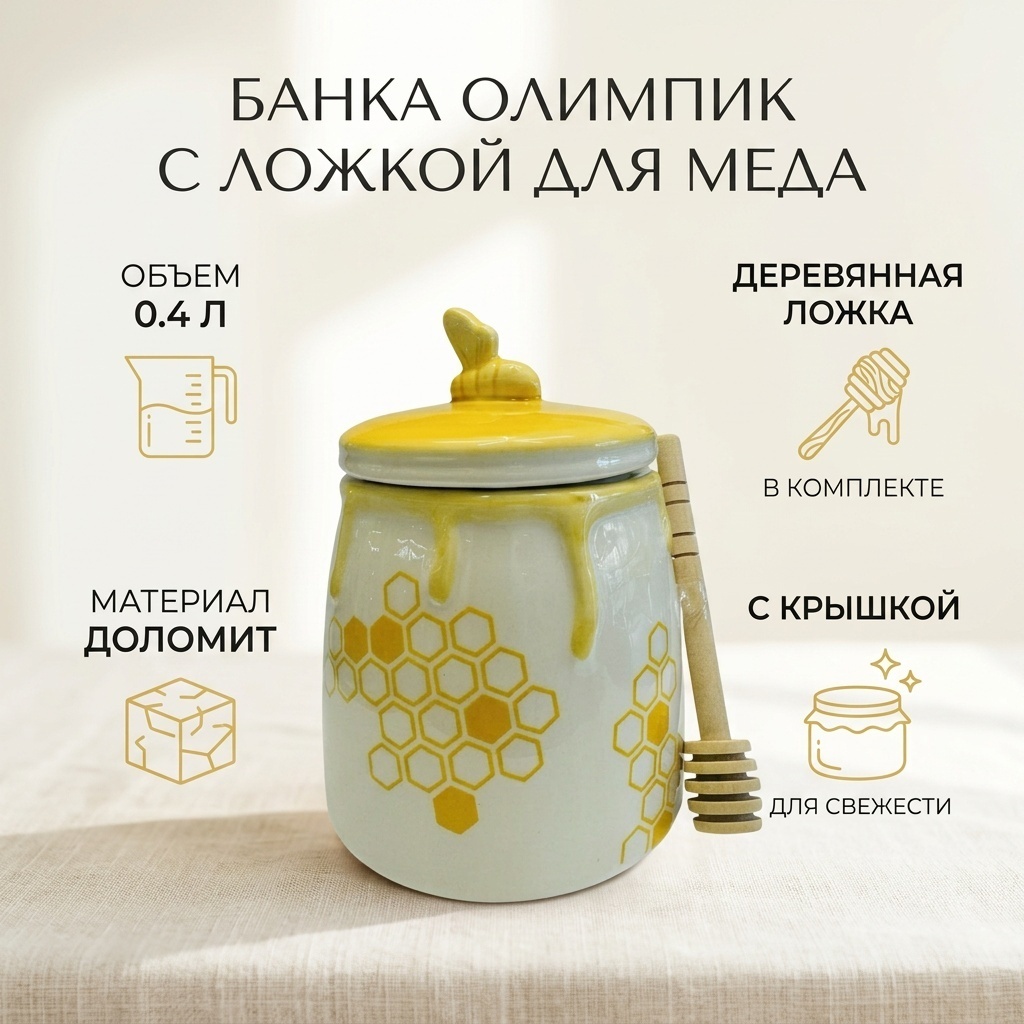 ОЛИМПИК банка с деревянной ложкой для меда , доломит