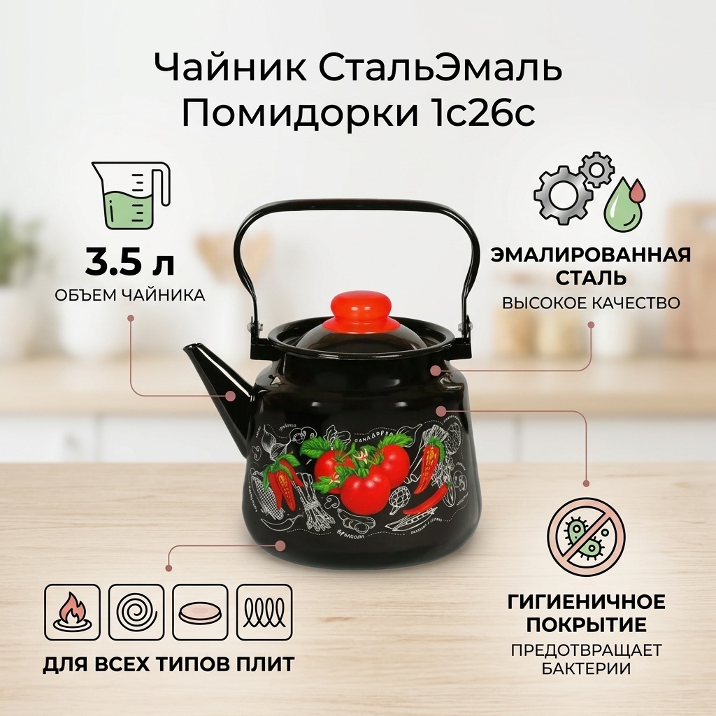 СтальЭмаль чайник 1с26с/Помидорки, черный 3.5 л, эмалированная сталь