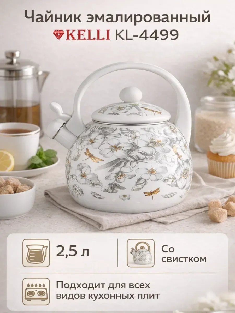 Kelli чайник 126799 2.5 л, эмалированная сталь, сталь