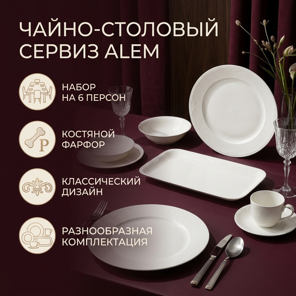 Сервиз на 6 персон ALEM Classic, предметов: 32, чайно-столовый, костяной фарфор