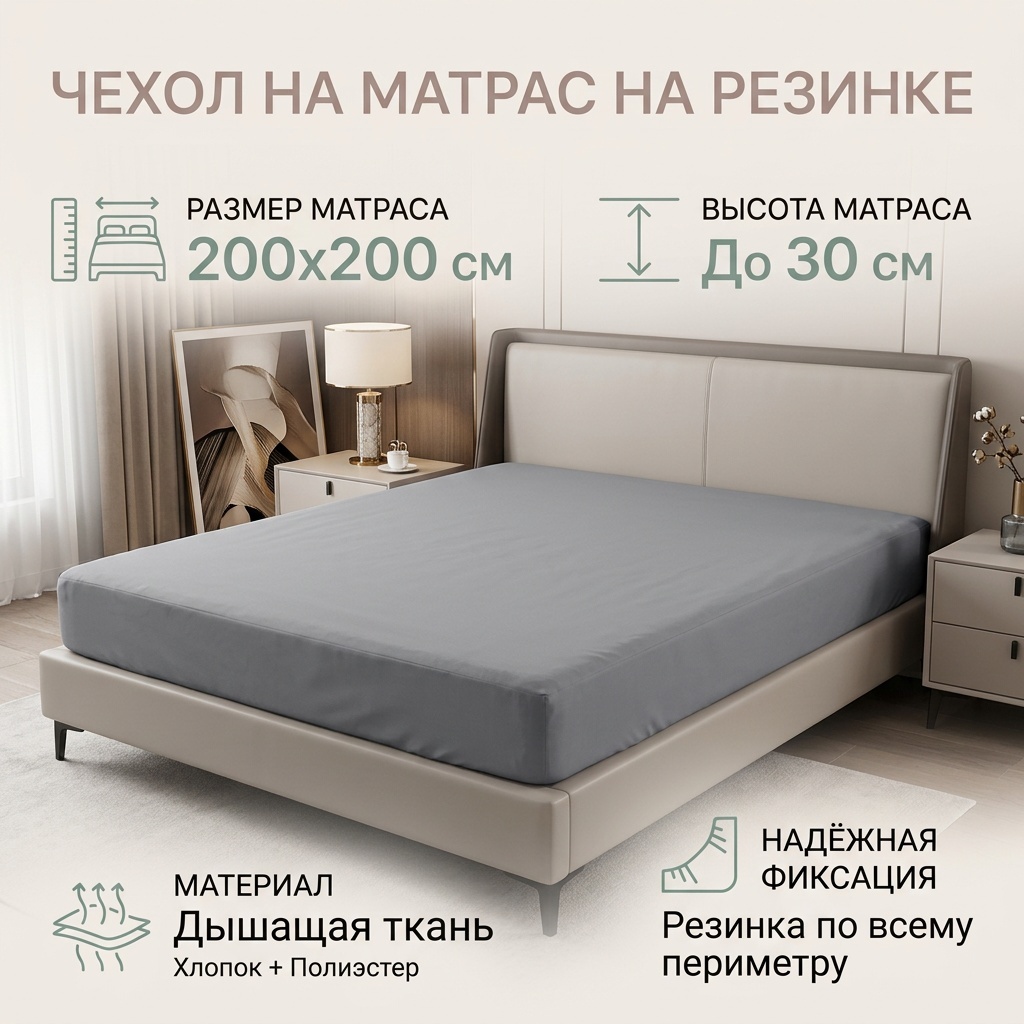 Чехол на матрас на резинке NM-B07-L1-906 200x200, полиэстер, хлопок