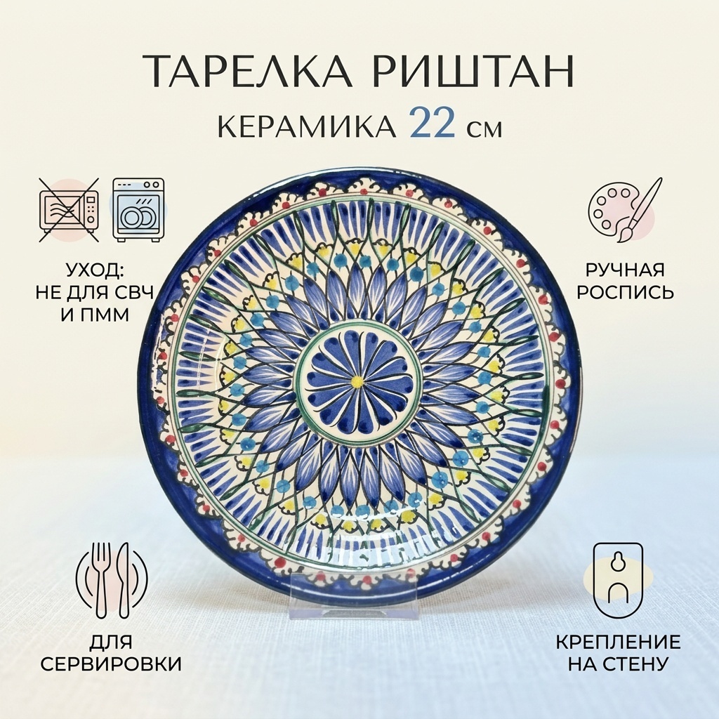 Тарелка Риштанская керамика 22 см, 1 шт, керамика