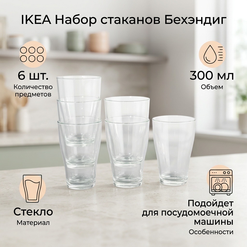 Набор стаканов IKEA 300 мл, стекло, 6 шт