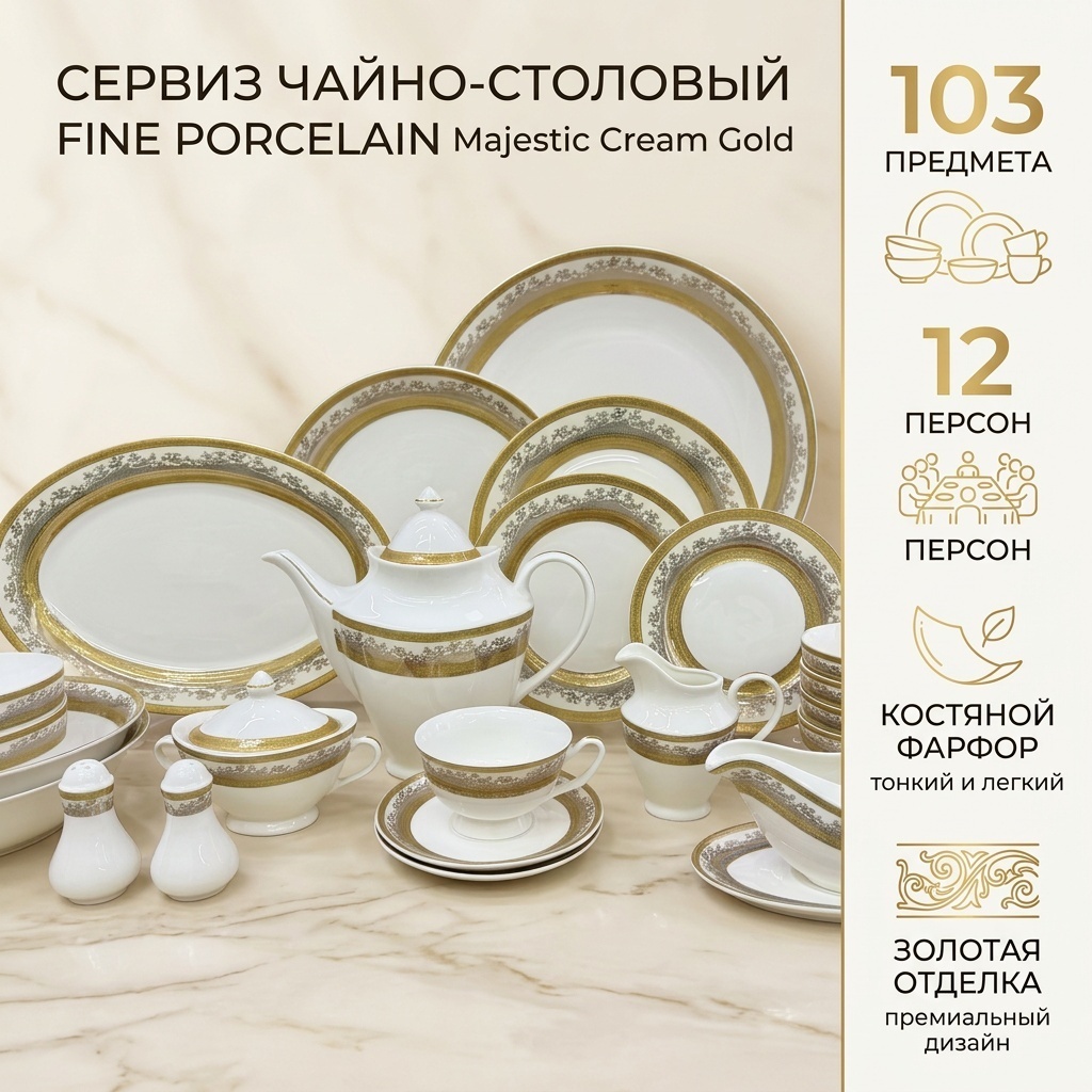 Сервиз на 12 персон FINE PORCELAIN “Majestic Cream Gold”, предметов: 103, чайно-столовый, костяной фарфор