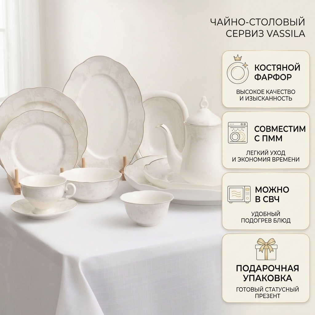 Сервиз на 12 персон VASSILA Зима, предметов: 100, чайно-столовый, костяной фарфор
