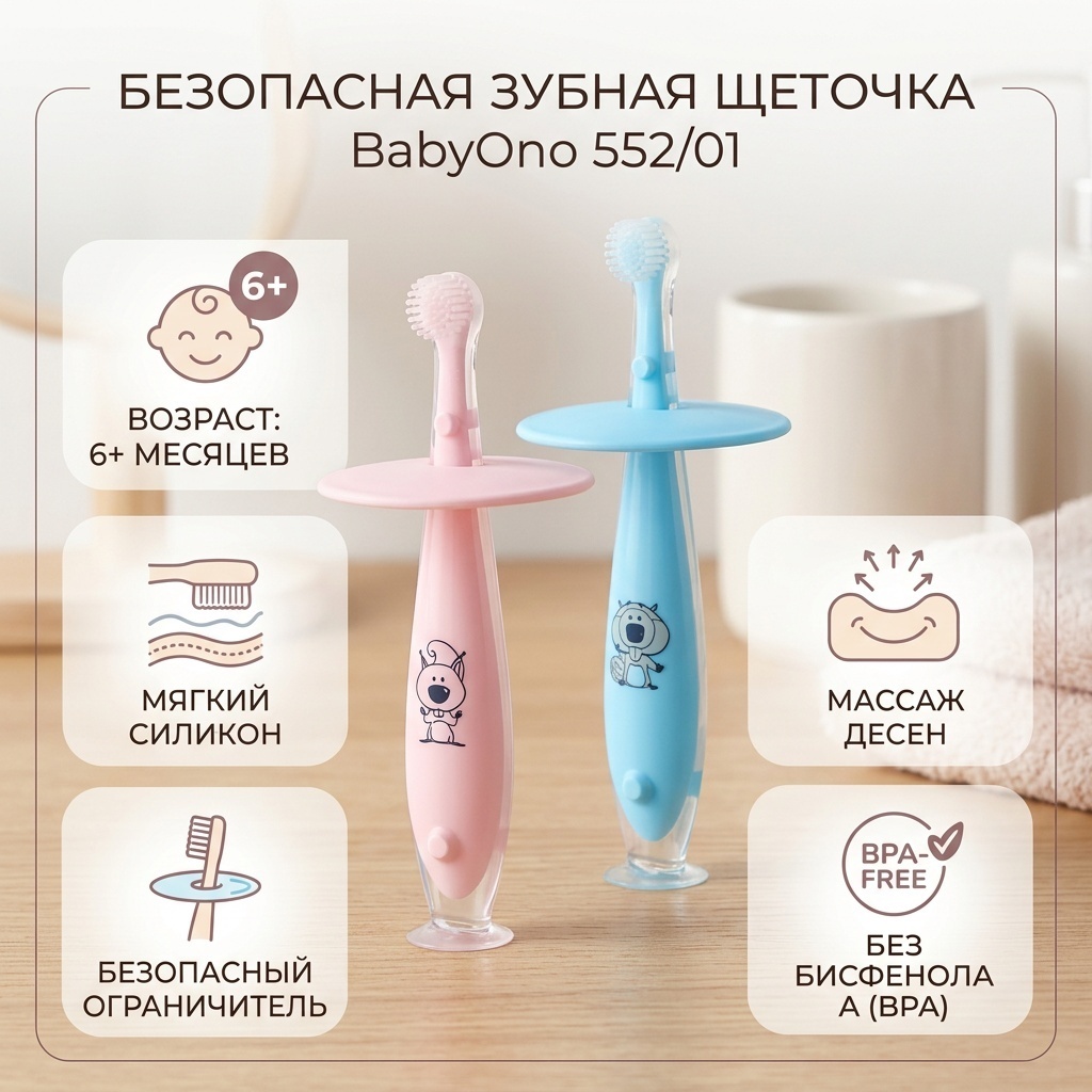 BabyOno Безопасная зубная щеточка для зубов 1шт (розовый или голубой) зубная щетка мягкая 1 шт