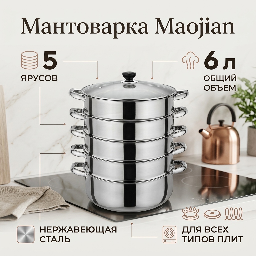 Мантоварка 6 л, нержавеющая сталь, количество ярусов: 5