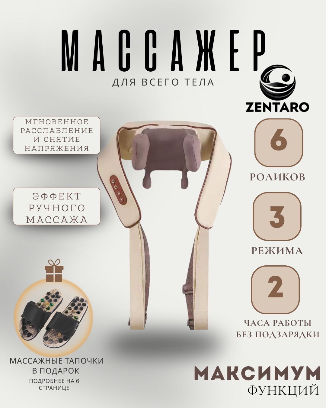 Массажер Zentaro Basic воротник 3D-массаж, надавливающий, разминающий, разогревающий, инфракрасный прогрев