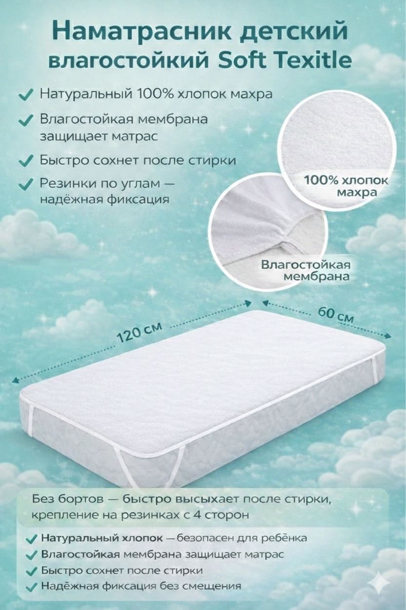 Soft textile наматрасник на резинке Soft 60x120, махра, мембрана