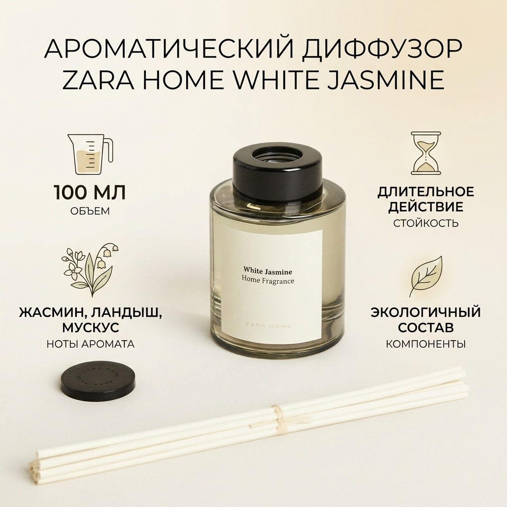 Диффузор с палочками Zara Home жасмин, ландыш и белый мускус 100 мл