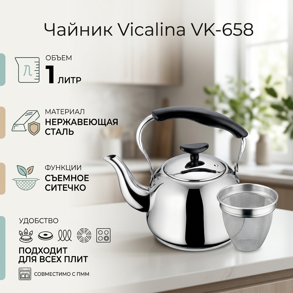 Чайник Vicalina VK-658 1 л, нержавеющая сталь