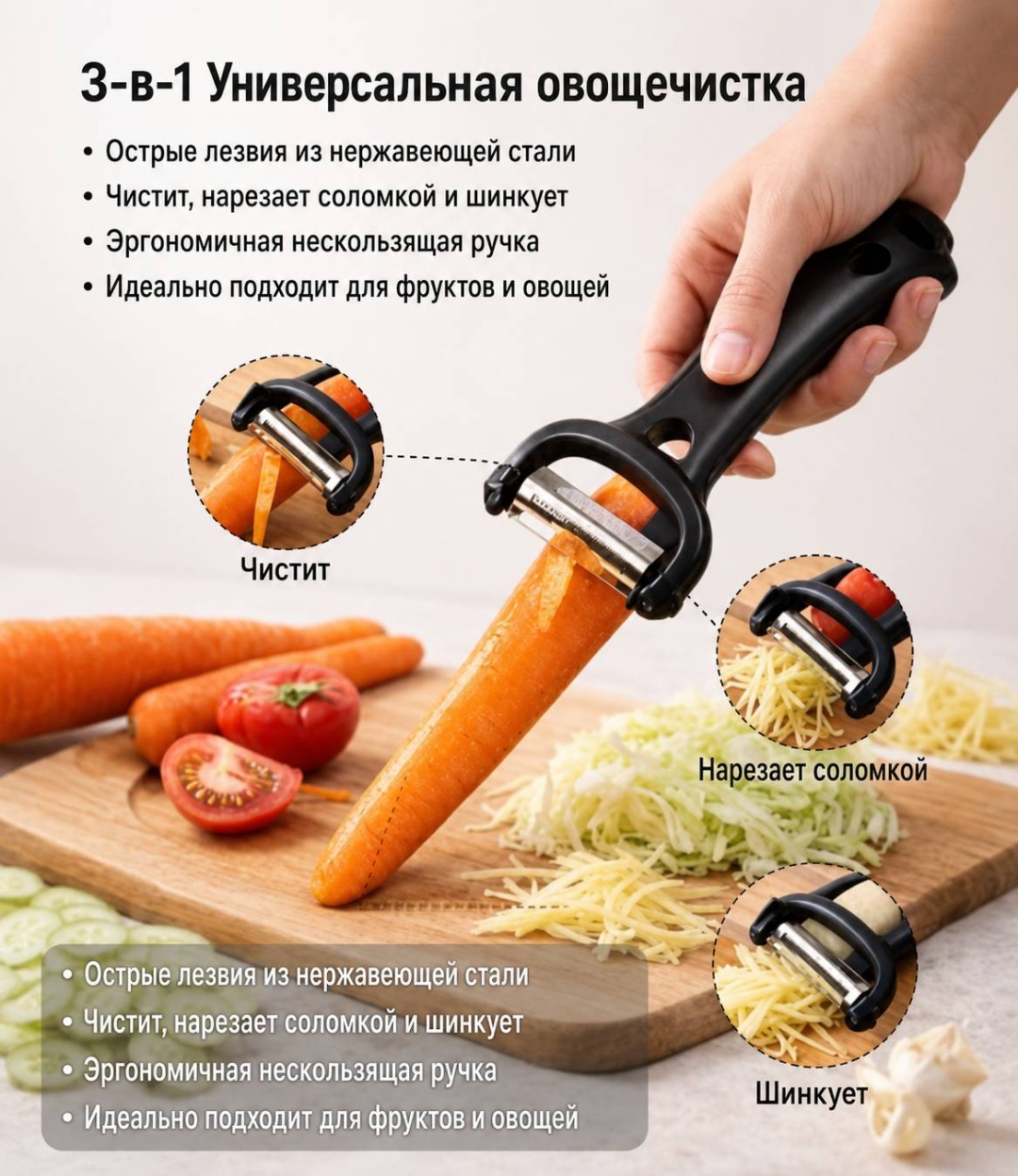 Овощечистка Kitchen нержавеющая сталь, пластик, черный