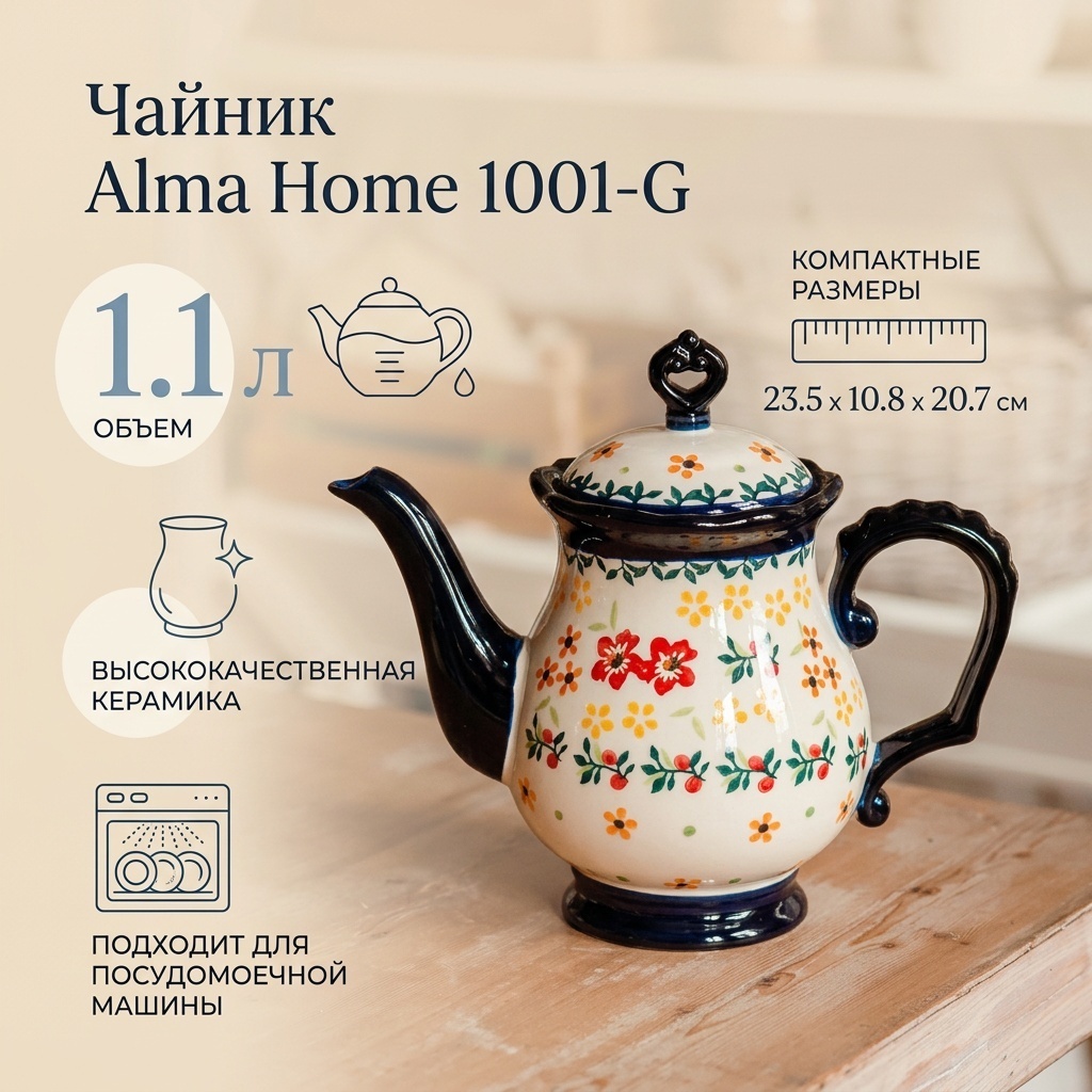 Чайник Alma Home 1001-G 1.1 л, керамика