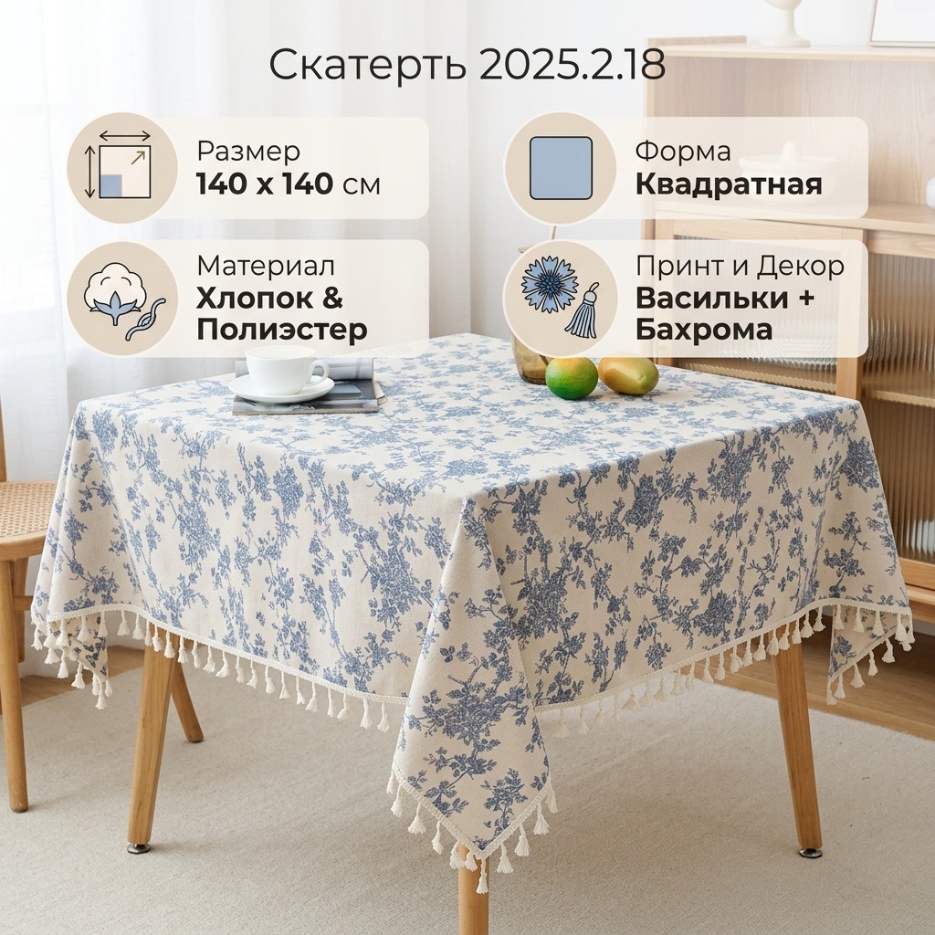 Скатерть 140x140 см, полиэстер, хлопок, 1 шт