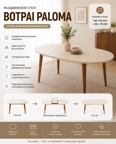Раздвижной стол BOTPAI Paloma, 130х85x75 см, МДФ, коричневый, бежевый
