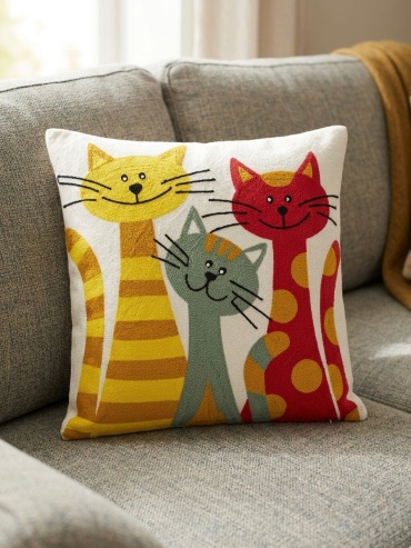 Наволочка Decoromania Вышивка коты 45x45 хлопок, лен, 1 шт