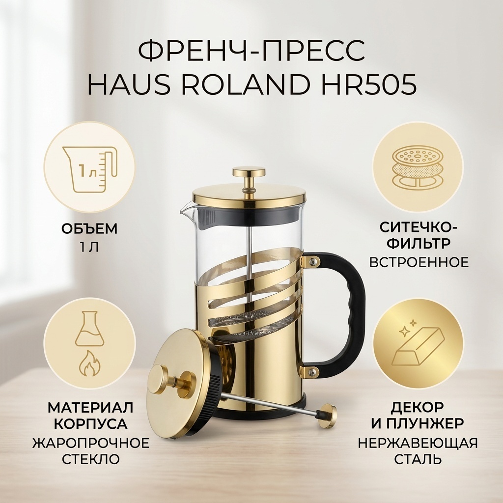 Чайник Haus Roland HR505 1 л, нержавеющая сталь, жаропрочное стекло
