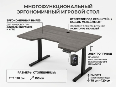 Стол компьютерный Игровой с электроприводом,120х100x120 см, черный, серый