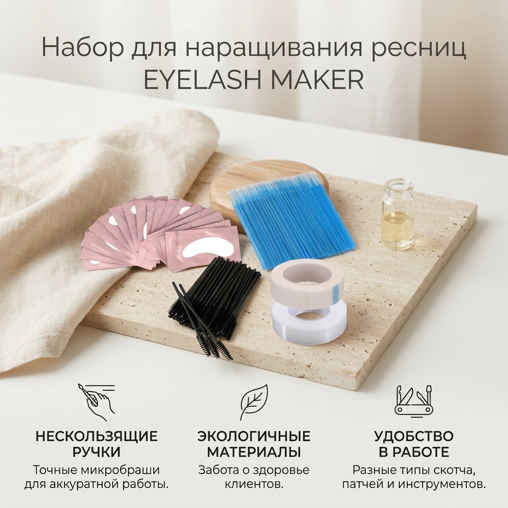 EYELASH MAKER набор патчи, микробраши, скотч силиконовый, скотч бумажный, щётки расчёски для ресниц