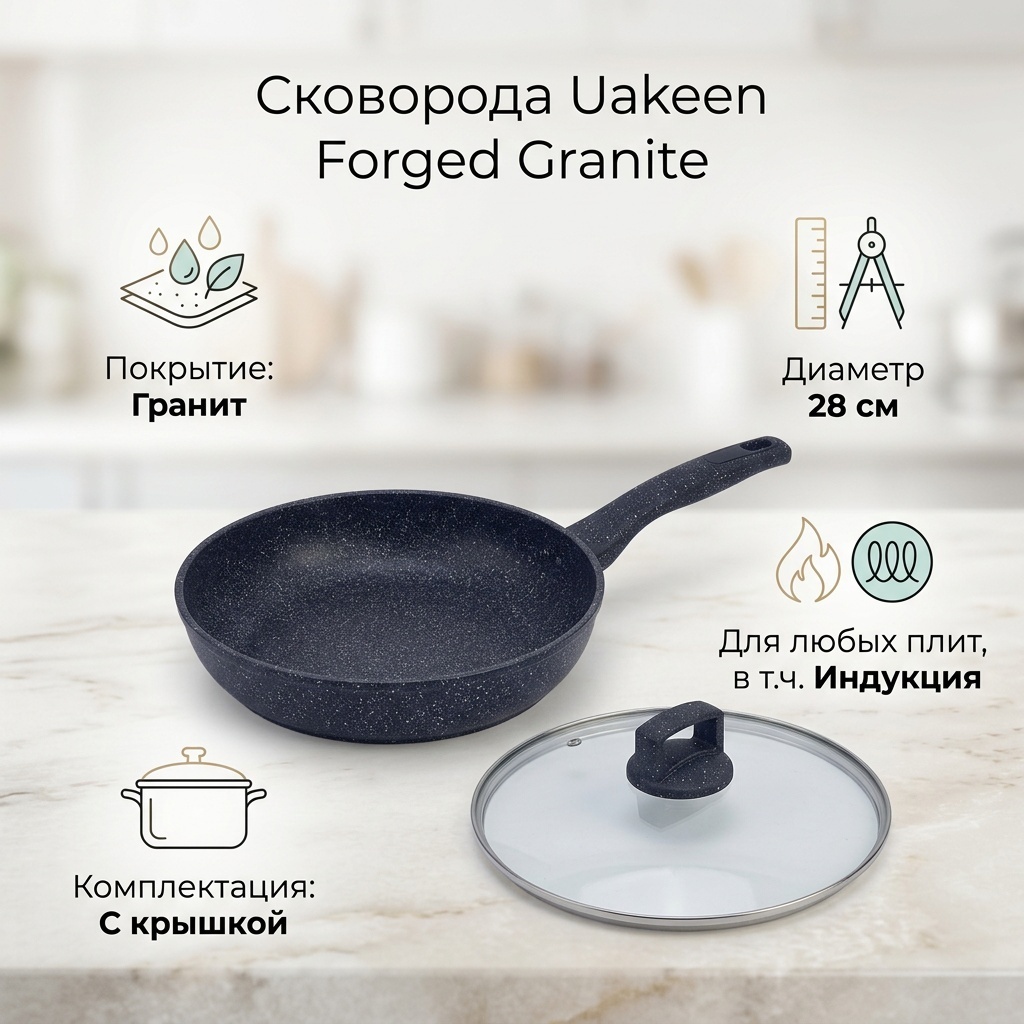 Сковорода Uakeen Forged Granite 28 см с антипригарным покрытием, алюминий