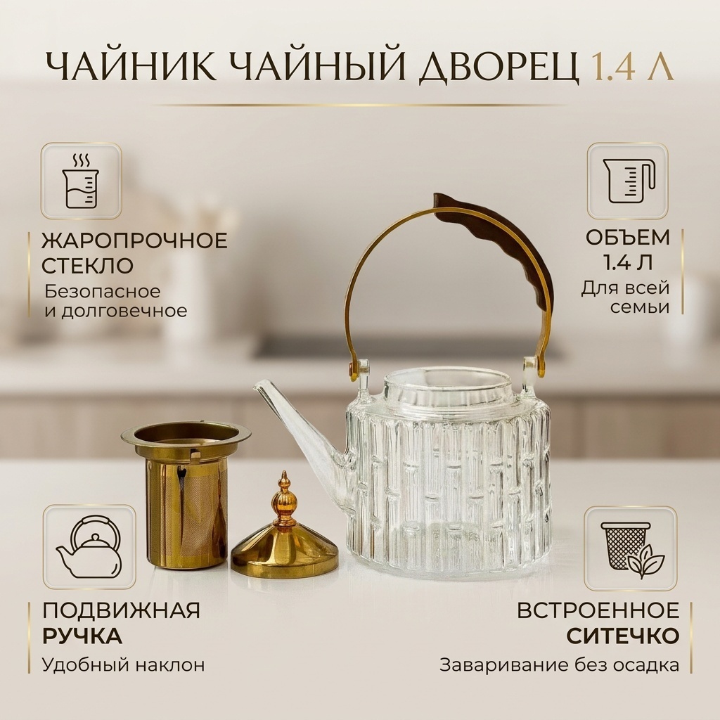 Чайник Чайный дворец Чайный дворец 1.4 л, жаропрочное стекло