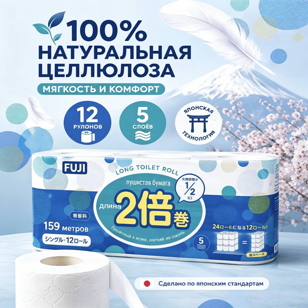 FUJI туалетная бумага 5-слойный 12 шт, первичная целлюлоза