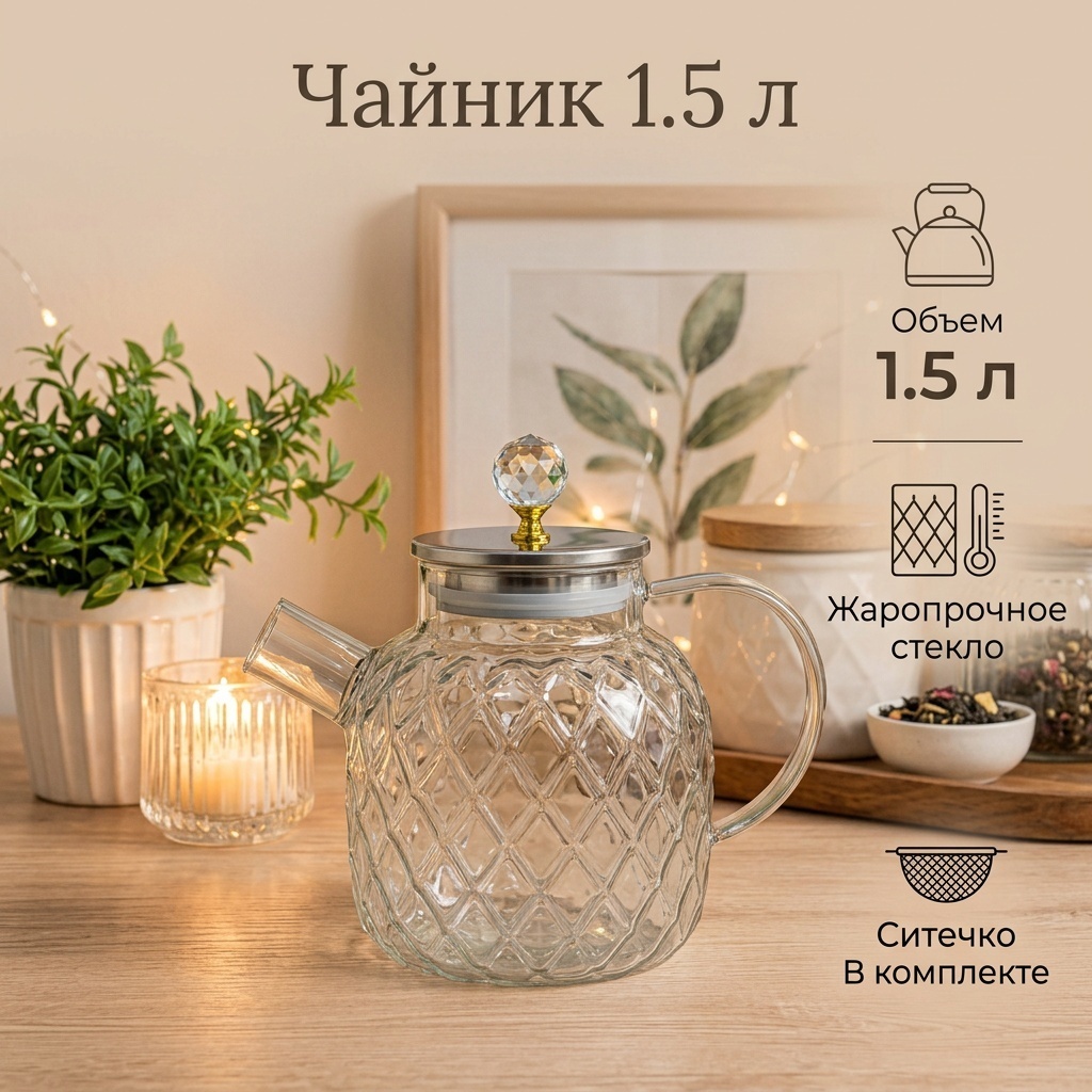 Чайник 30445232_1.5 л ч 1.5 л, жаропрочное стекло