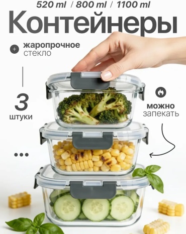 Набор контейнеров Румма, стекло, пластик, силикон
