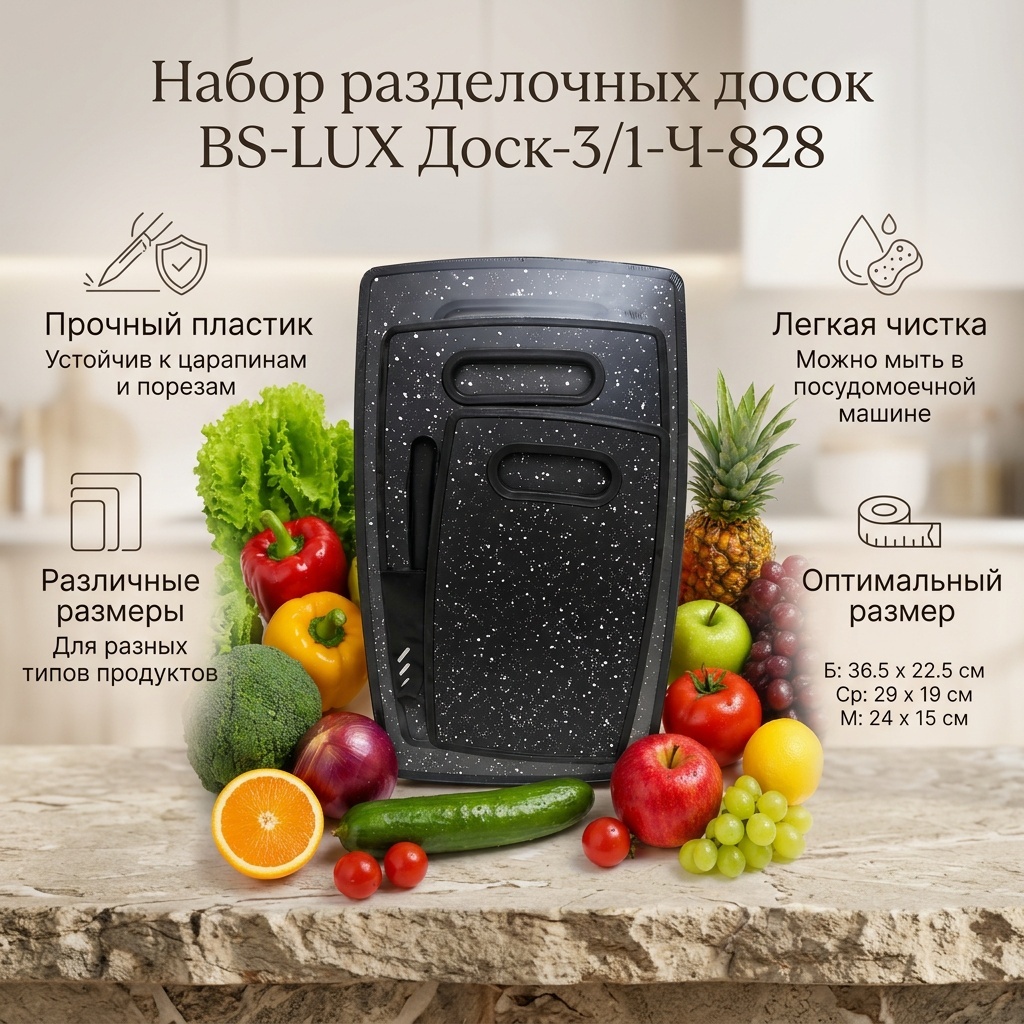 BS-LUX разделочная доска Доск-3/1-Ч-828 3 шт, пластик