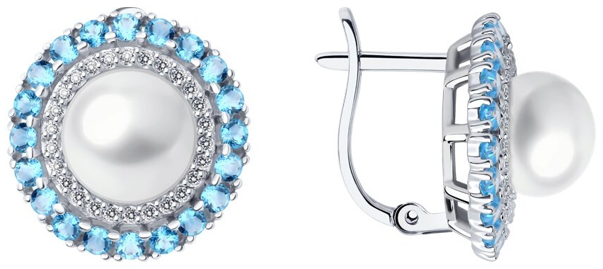 Серьги Diamant классика круг 78318 вес 6.95 г золото, жемчуг, фианит, топаз
