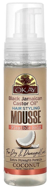 Okay Pure Naturals Black Jamaican Castor Oil, мусс для укладки волос, гибкая фиксация, для сухих и поврежденных локонов, кокос, 221 мл мусс средняя фиксация 220 мл