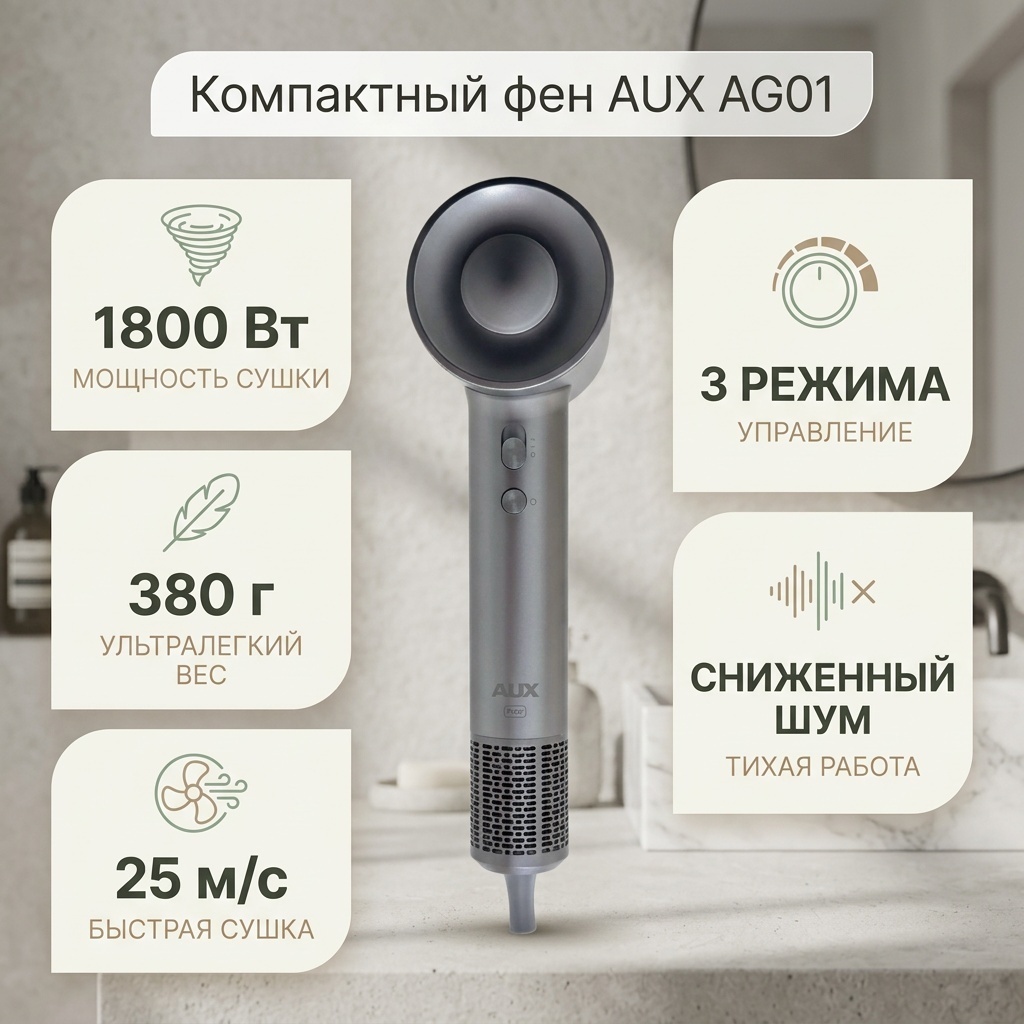 AUX AG01 компактный фен белый, серый