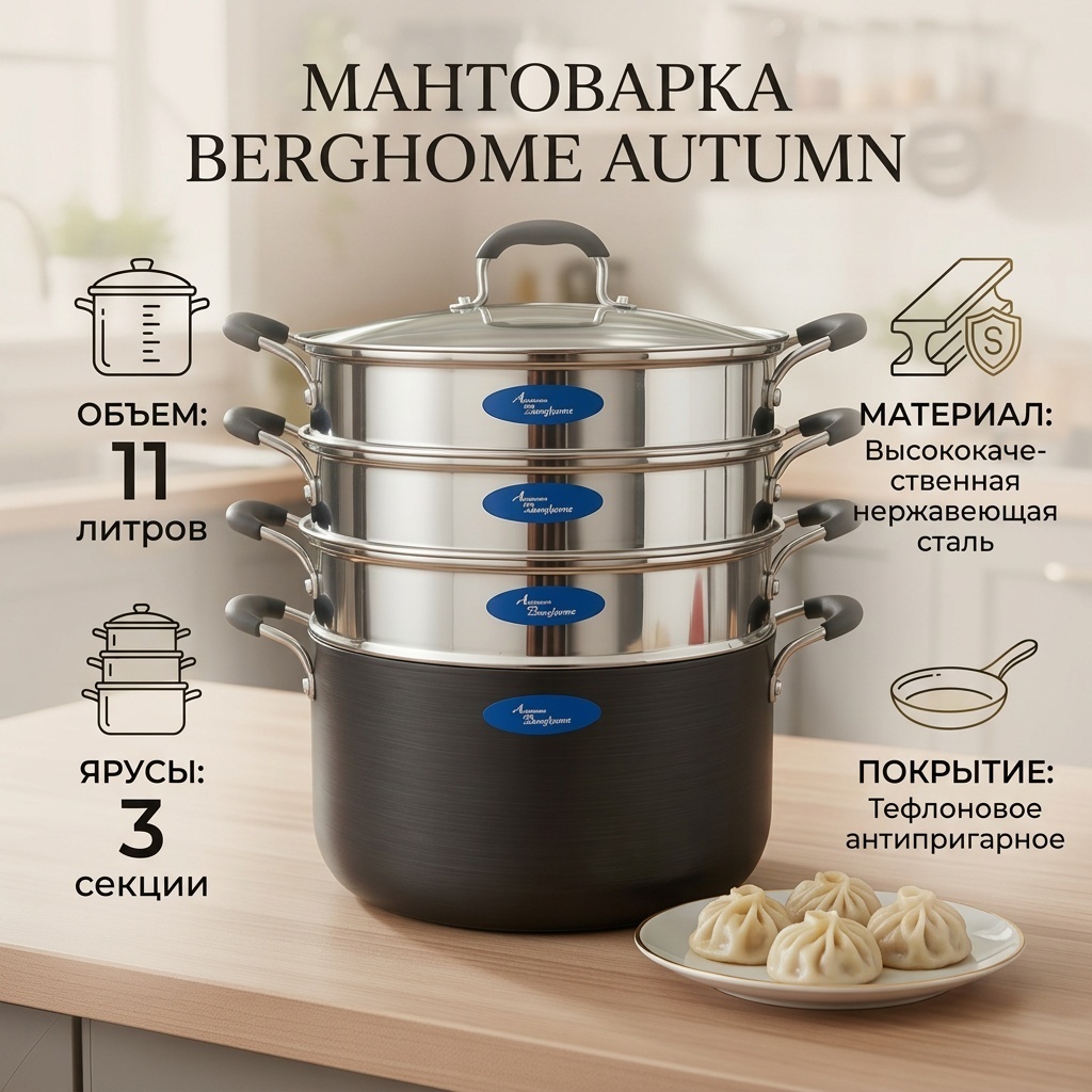 Мантоварка 11 л, Berghome BergHome Autumn нержавеющая сталь, количество ярусов: 3