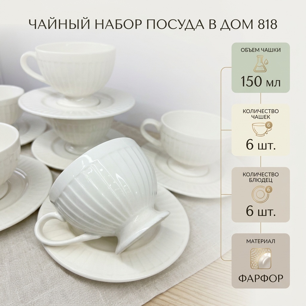 Чайная пара Посуда в дом , 150 мл, фарфор, 6 шт.