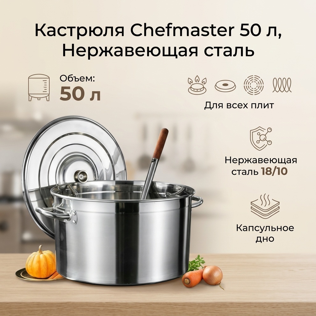 Кастрюля 50 л, Chefmaster нержавеющая сталь