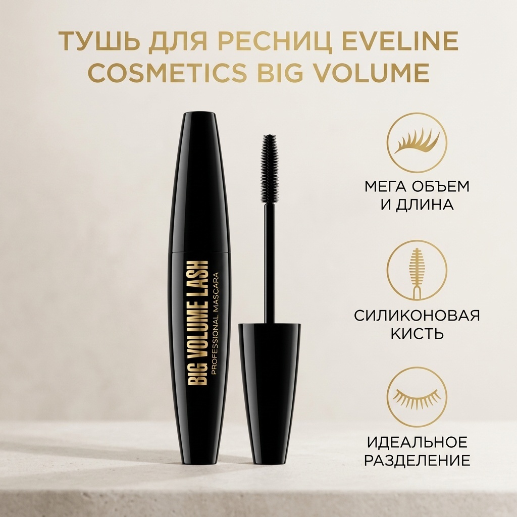 Тушь для ресниц Eveline Cosmetics Big Volume для объема, удлиняющая черный