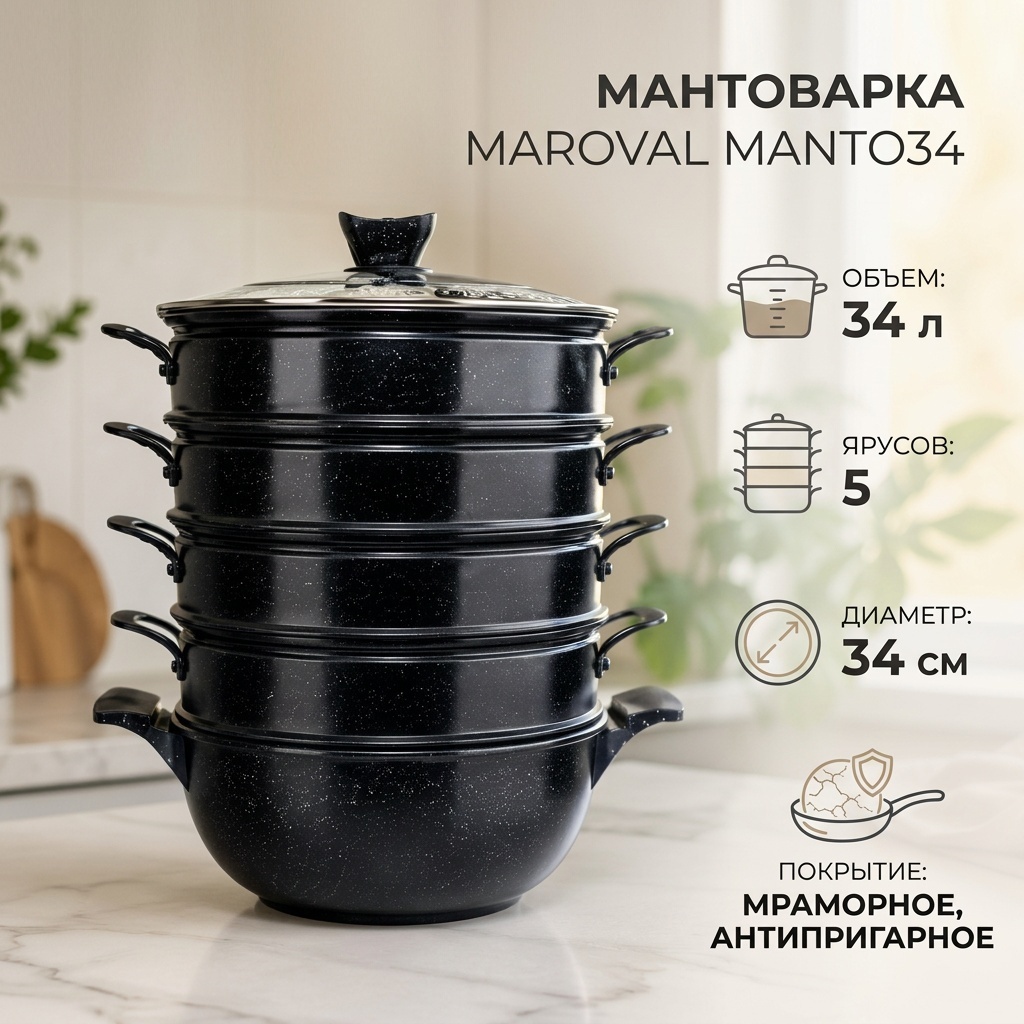 Мантоварка 34 л, Maroval нержавеющая сталь, количество ярусов: 5