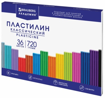 Пластилин - 36цв. "АКАДЕМИЯ КЛАССИЧЕСКАЯ" 720г. со стеком картон.уп. (BRAUBERG)