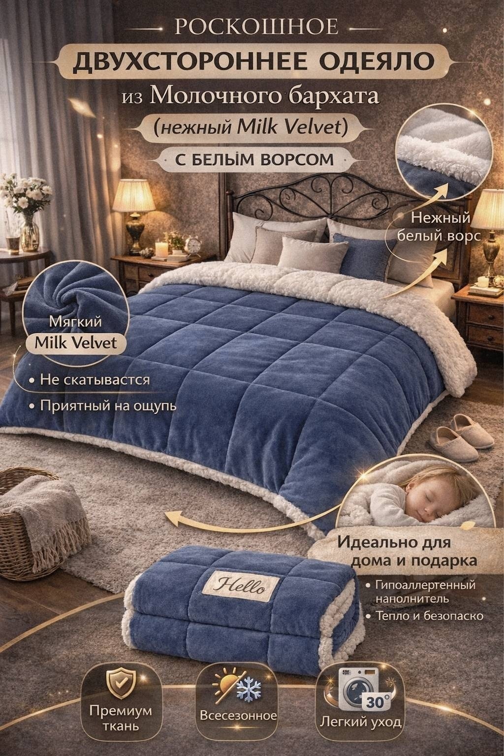 Одеяло Hello Джентльменский Синий 200x230 зимнее