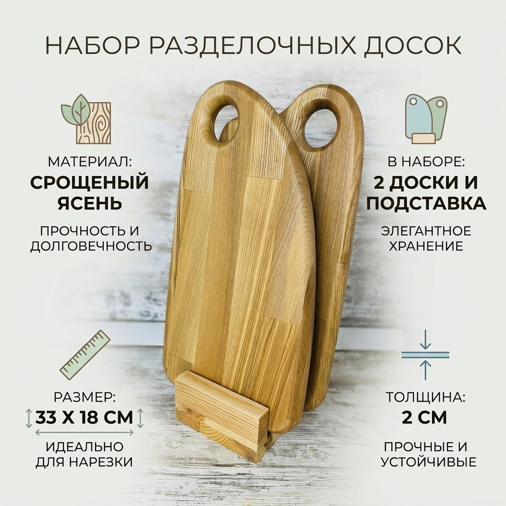 Набор разделочных досок В комплекте к доскам идет подставка. Подставка сделана из сосны и может отличаться по цвету 6337754 2 шт, дерево