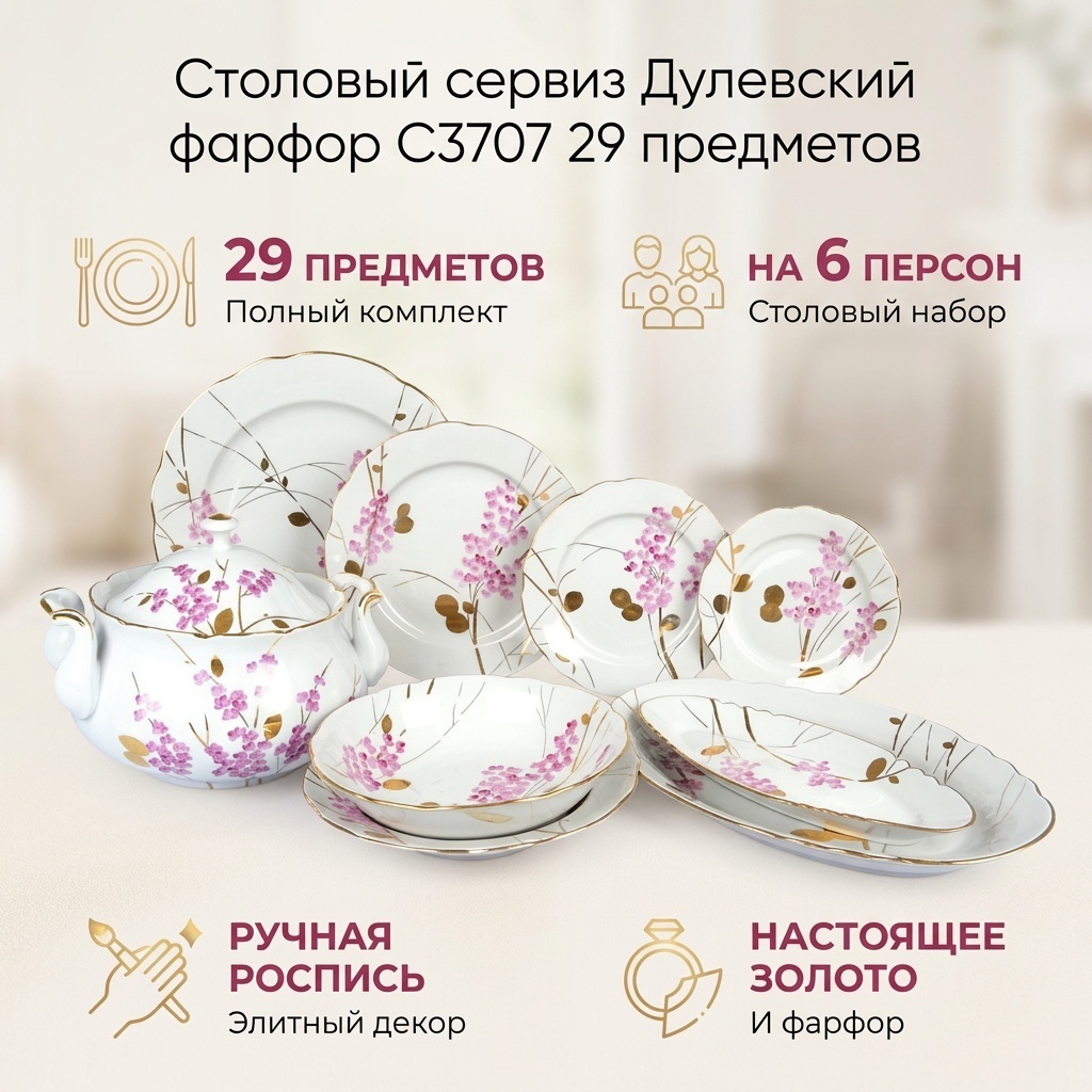 Сервиз на 6 персон Дулевский фарфор , предметов: 29, столовый, фарфор
