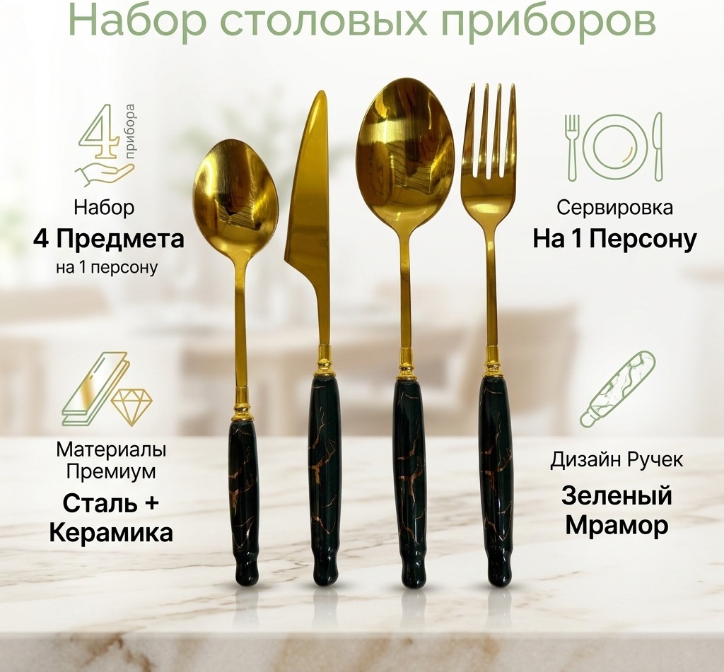 Набор столовых приборов 4 шт, зеленый 962120351