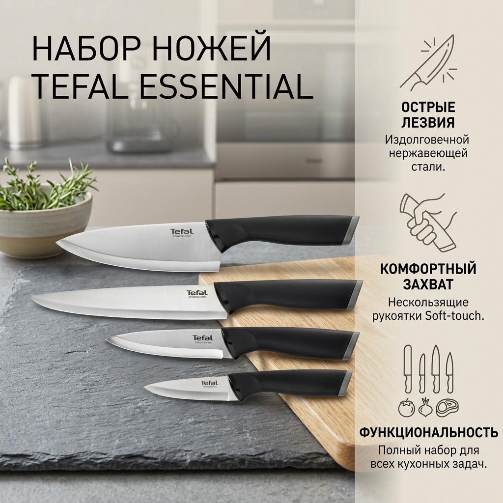Набор ножей Tefal Essential K2214S75, лезвие: сталь 4 шт