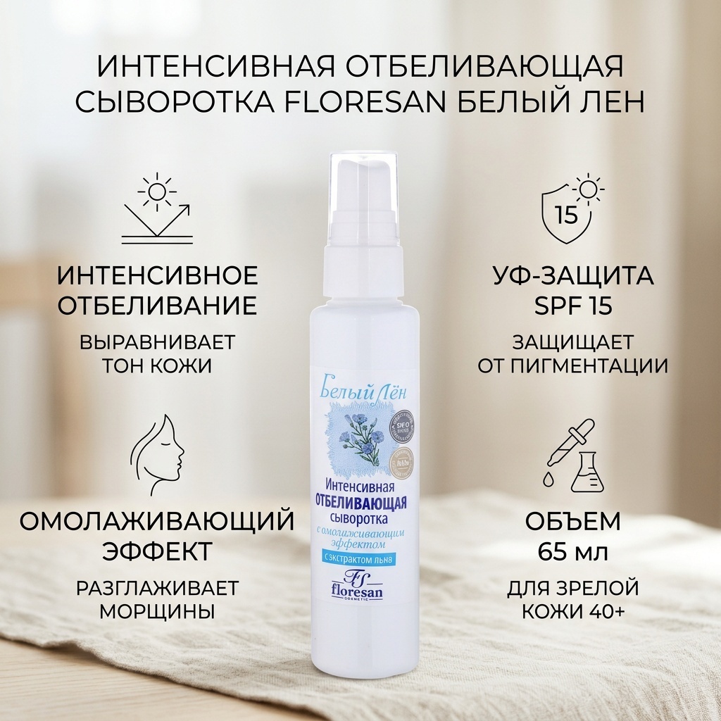 Floresan сыворотка Белый лен интенсивная отбеливающая SPF15 для лица 65 мл