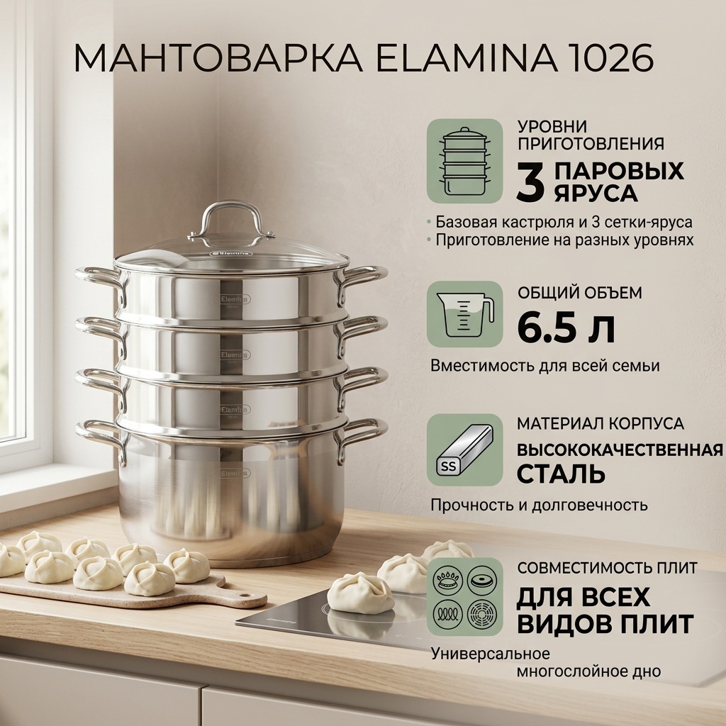 Мантоварка 6.5 л, Elamina сталь, количество ярусов: 3