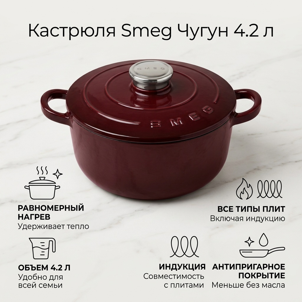 Кастрюля 4.2 л, Smeg Китай чугун