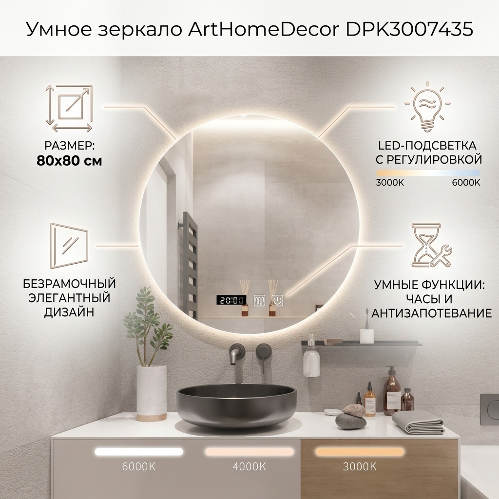 Умное зеркало настенное ArtHomeDecor 80x80 см