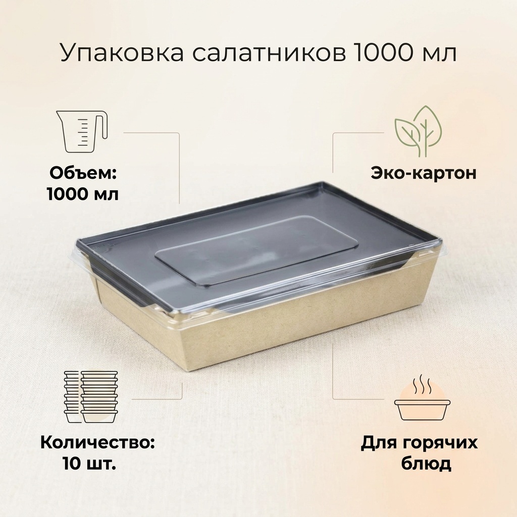 Упаковка салатник 1000 мл с крышкой (10 шт)