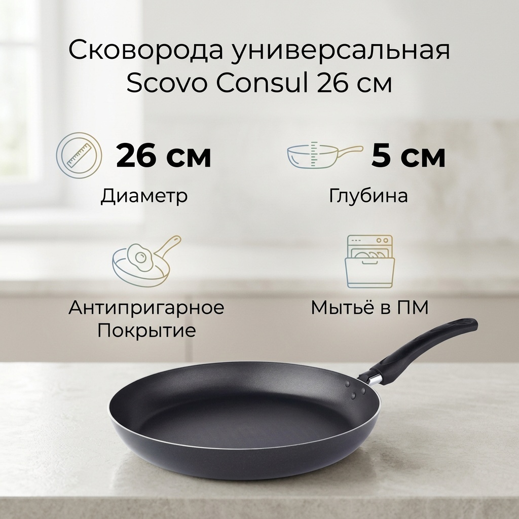 Сковорода SCOVO CONSUL 26 см с антипригарным покрытием, алюминий
